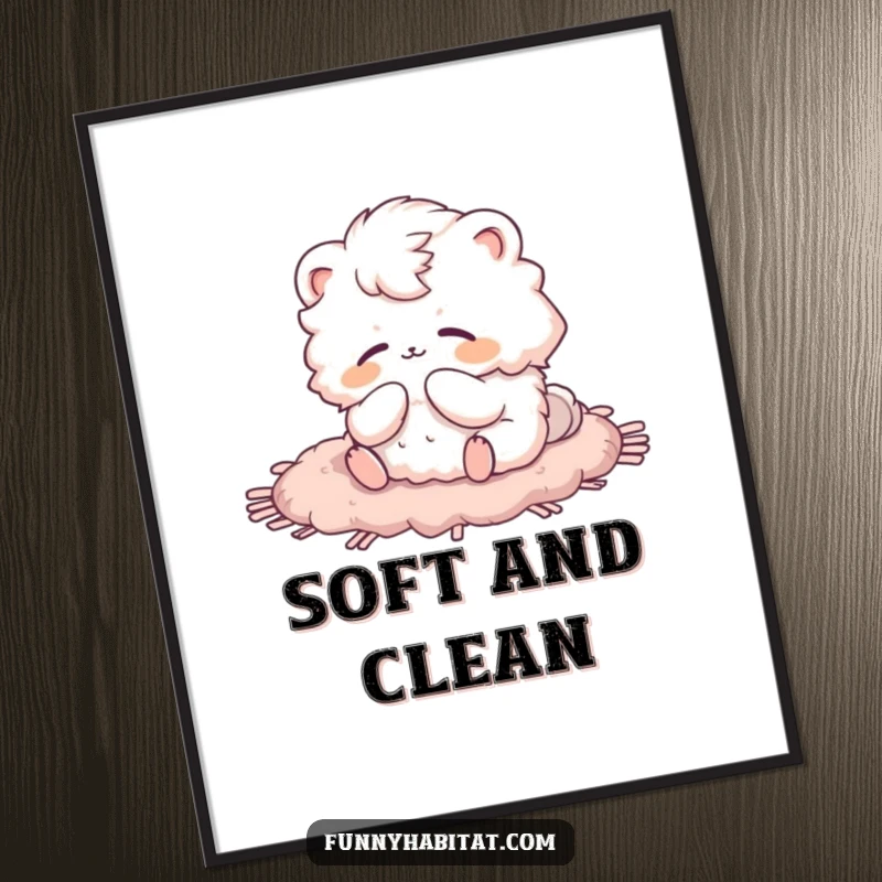 Funny poster art of a fluffy animal character grooming itself on a soft rug, evoking peace and humor.