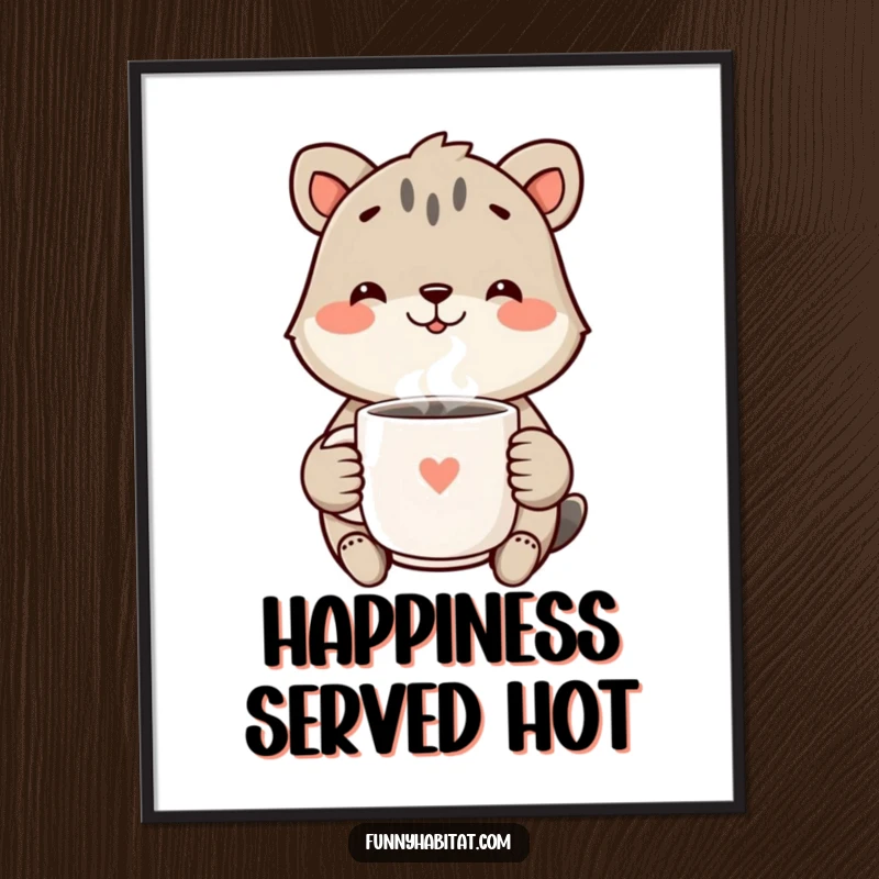Funny Poster showcasing a cheerful animal with a wide smile, holding a steaming mug, radiating happiness and warmth.