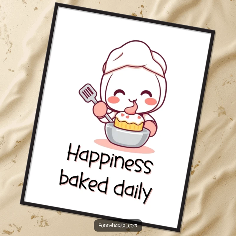 Funny Kawaii Poster, a cute character with oven mitts smiles while baking a small cake, cheerful wall art.