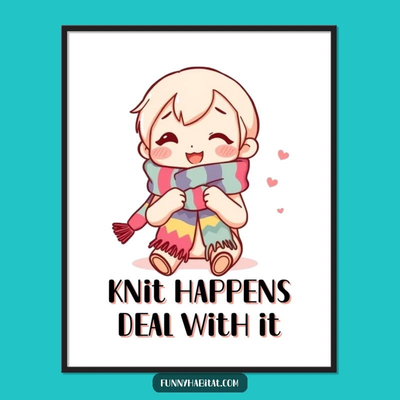 Funny Knitting Art Poster: Content Knitter's Colorful Scarf Brings Joyful Humor