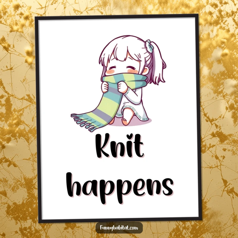 Funny poster print of a character happily knitting a long, brightly colored scarf with intense, blissful concentration.