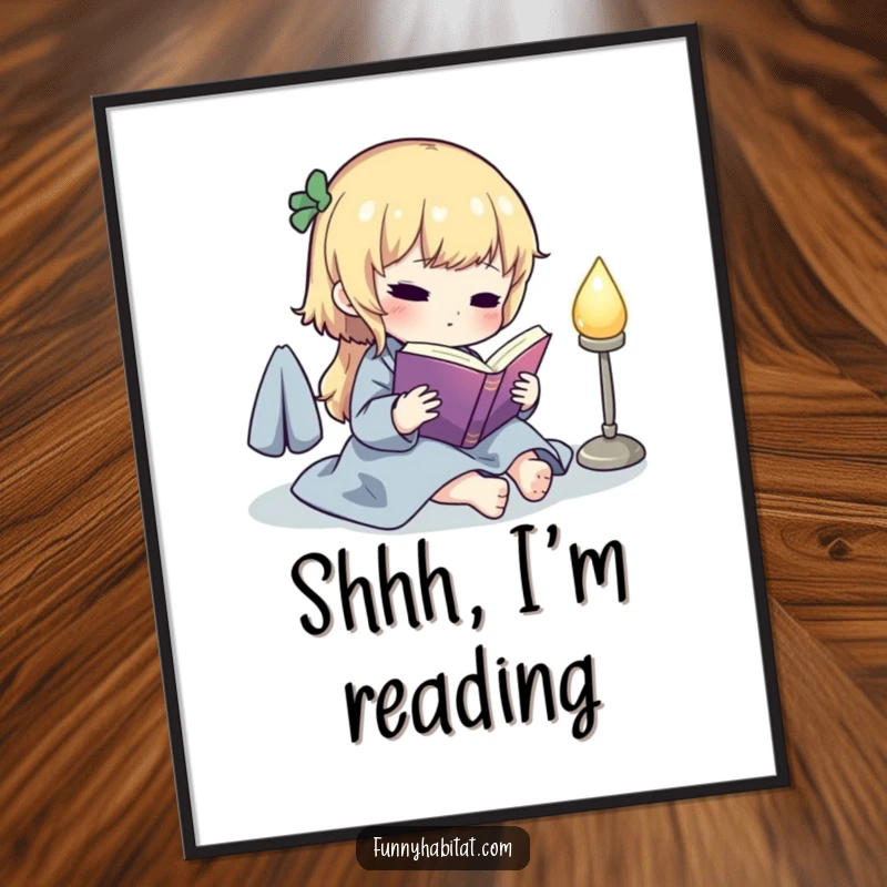 Funny poster art of a cute character reading a book by a softly glowing lamp, creating a cozy and humorous literary atmosphere.