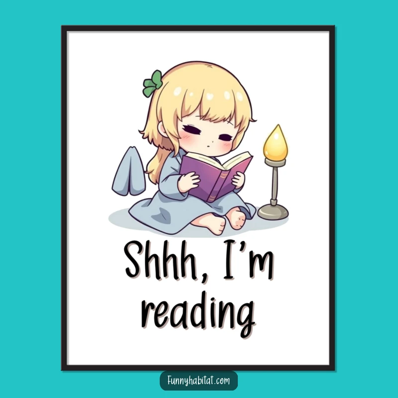 Funny Literary Art Poster: Cute Reading Character Lamp Scene, Humorous Decor