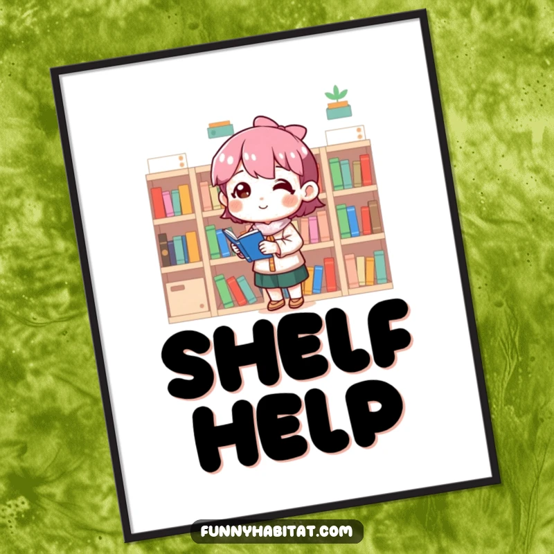 Funny poster print of a character happily organizing tiny bookshelves with a satisfied smile and a look of accomplishment.