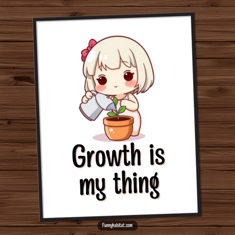 Funny plant poster, a cute character happily watering a small plant, adding a peaceful and charming touch to any room's decor.
