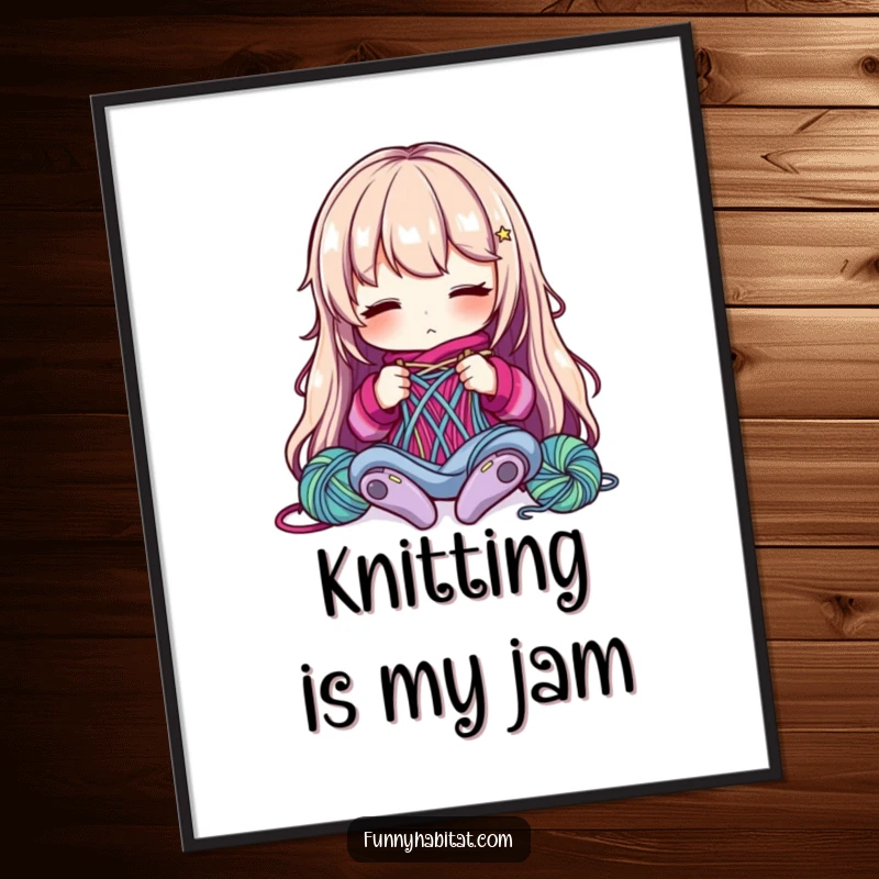 Funny Poster: A character is focused on knitting with colorful yarn, creating a warm and humorous piece for craft enthusiasts.