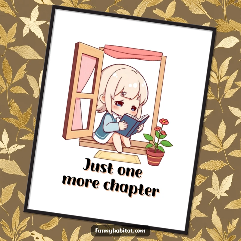 Funny character reading a book by a window, art print symbolizing a love for literature and peaceful moments for wall decor.