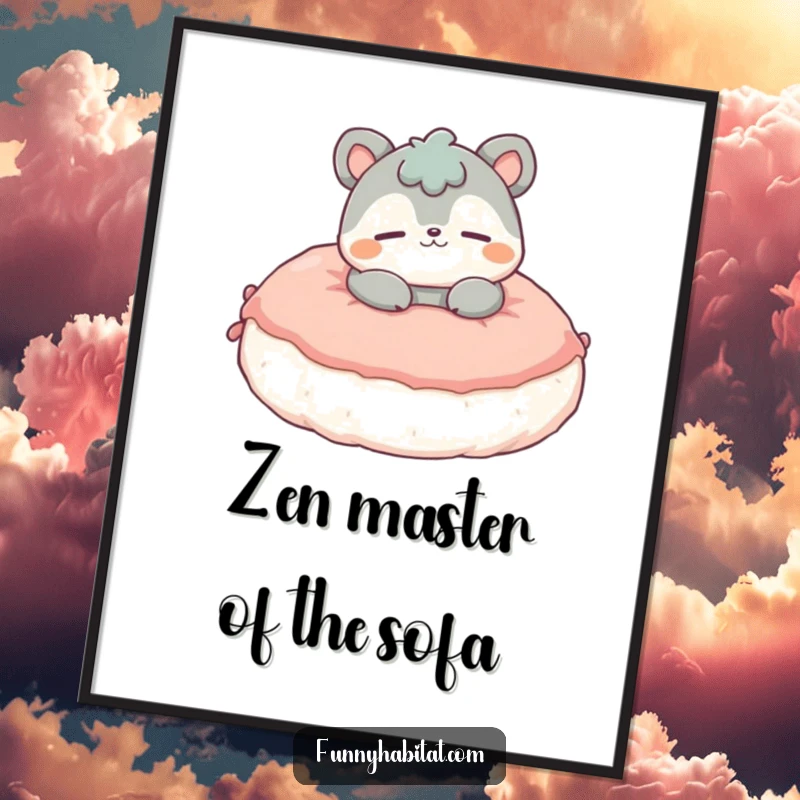 Funny Poster of a contented animal character lounging peacefully on a fluffy cushion, bringing a sense of calm and humor.