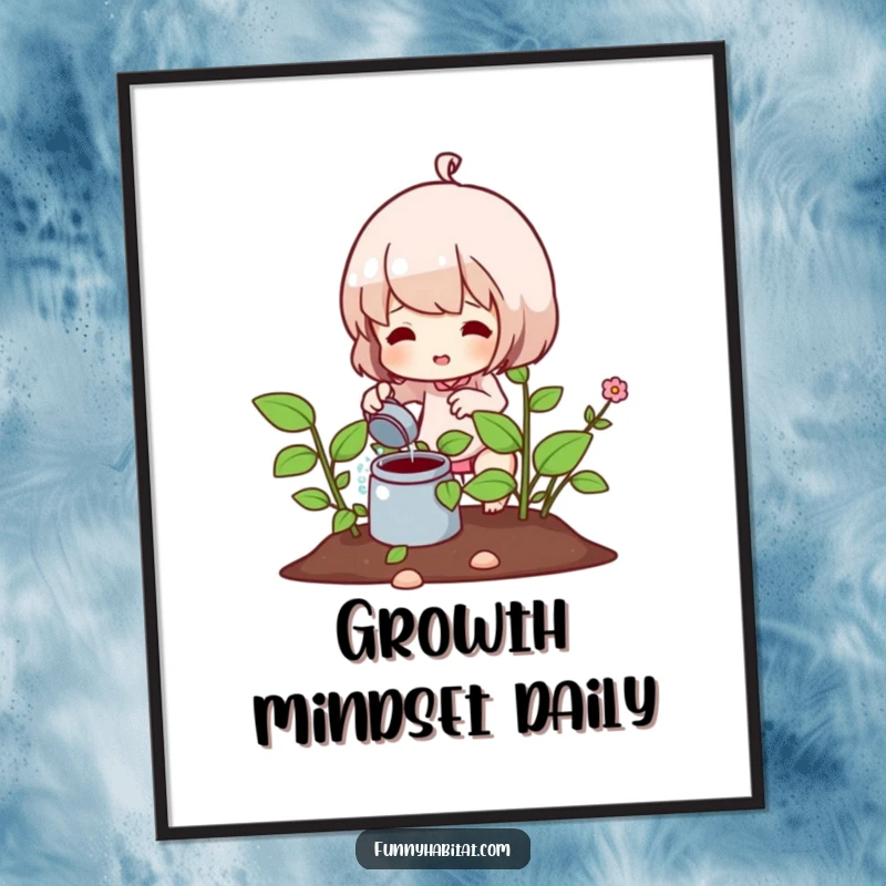 Funny poster featuring a character joyfully watering a lush plant, bringing a vibrant and humorous touch to home decor.