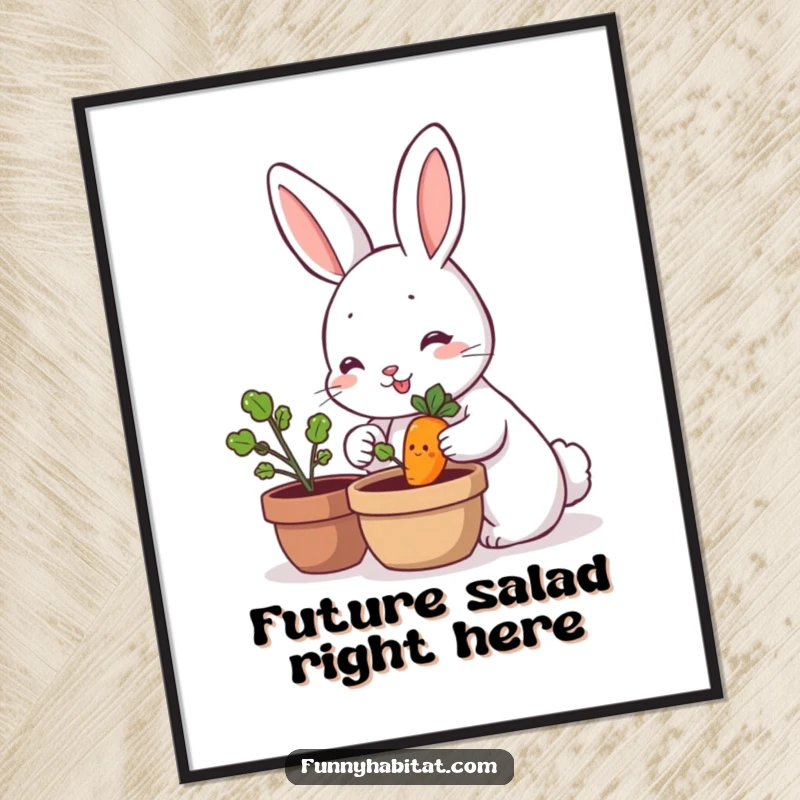Funny rabbit character tending a tiny smiling carrot plant in a pot, whimsical and humorous wall art for plant enthusiasts.