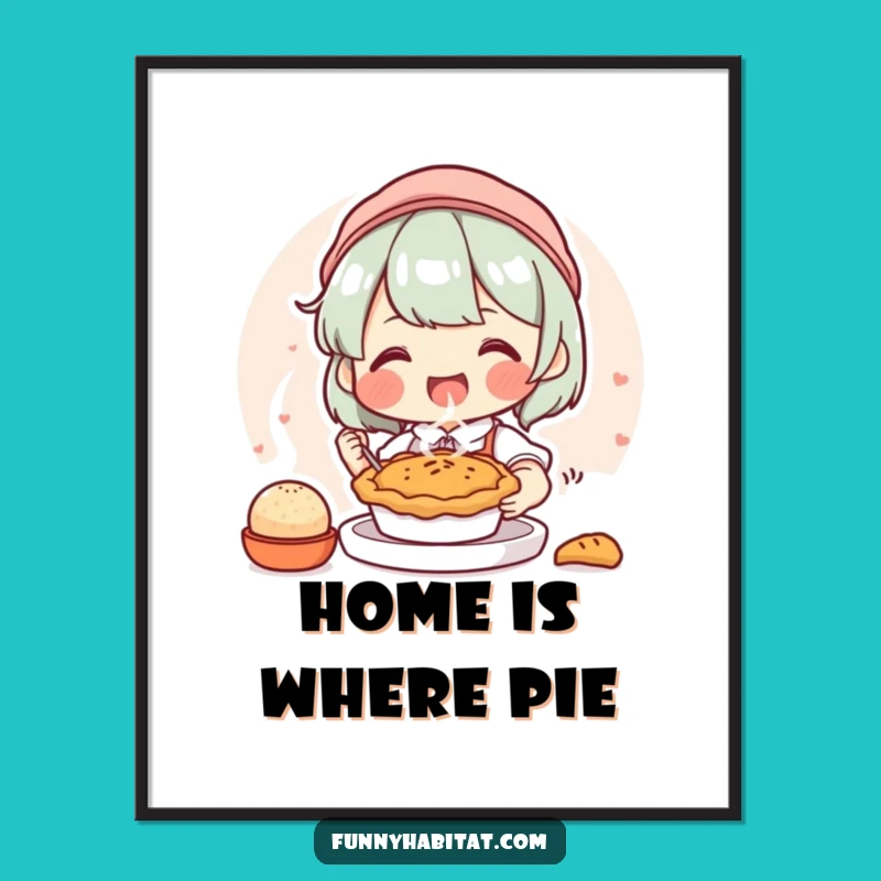 Funny Kitchen Art Poster: Happy Baker Character Baking Pie, Humorous Decor