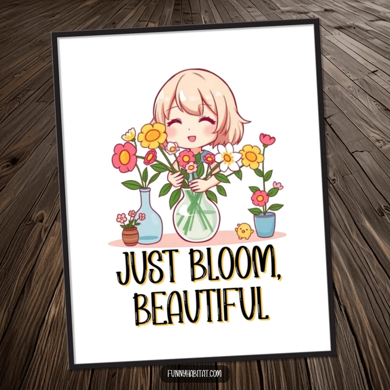 Funny poster art of a happy character joyfully arranging a lush bouquet of colorful flowers in a vase, celebrating nature.