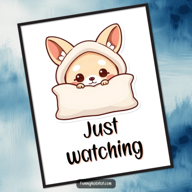 Funny poster art of a curious animal character peeking from behind a cushion, bringing whimsy and humor.