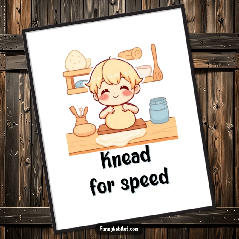 Funny Poster: Illustration of a happy character joyfully kneading dough on a rustic wooden counter.