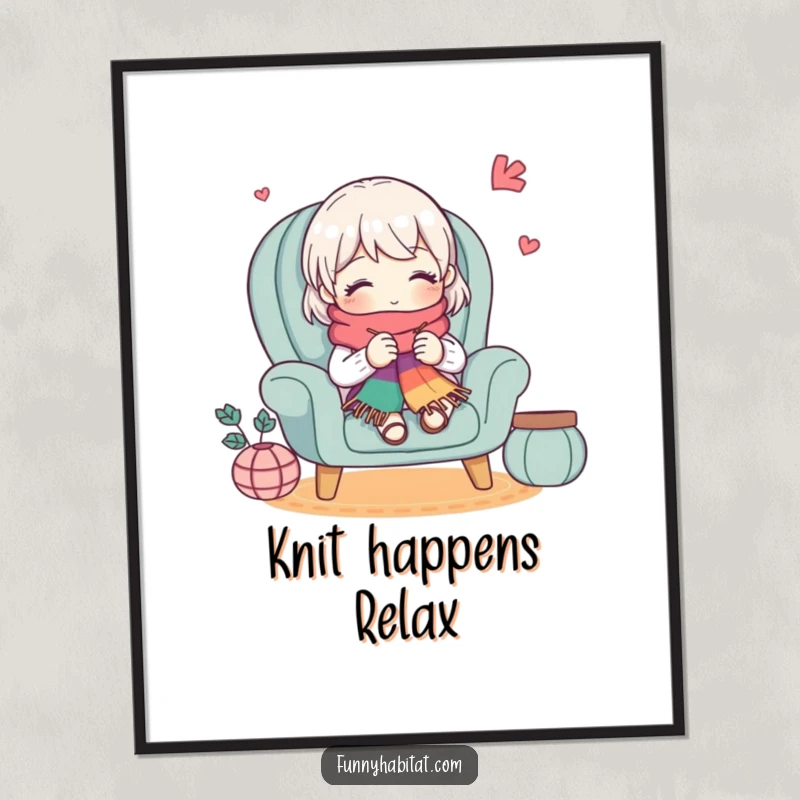 Funny poster showing a cute character knitting a colorful scarf in a cozy armchair, adding humorous artistic flair to any space.