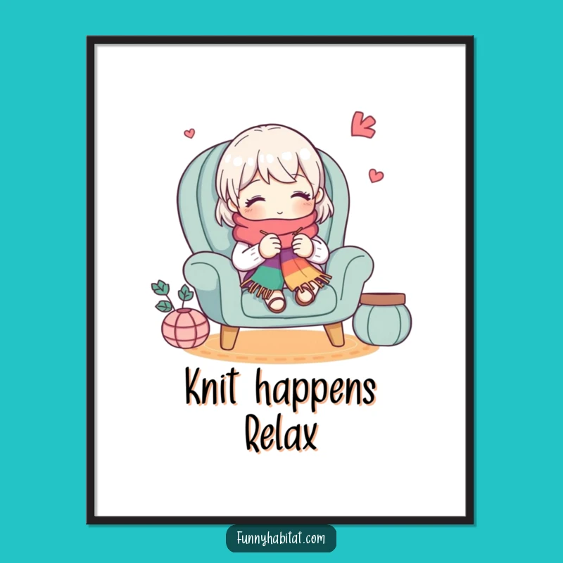 Funny Knitting Poster: Cute Character Art, Cozy Armchair Scene, Unique Funny Gift Decor