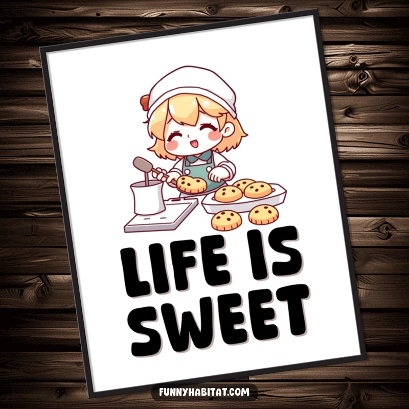 Funny poster print of a character happily baking a batch of cookies, with a tray full of treats nearby.