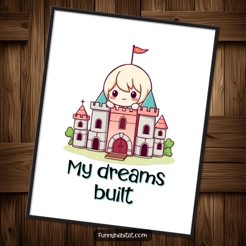 Funny Kawaii Poster, a playful character builds a miniature castle with blocks, whimsical wall art.