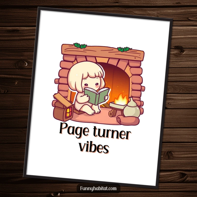 Funny poster art of a character reading a book by a radiant fireplace, evoking feelings of comfort and peace.