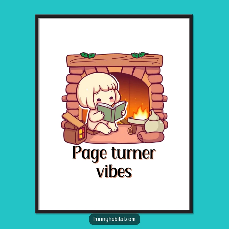 Funny Bookworm Art Poster: Cozy Fireplace Reader, Warm & Cheerful Wall Decor