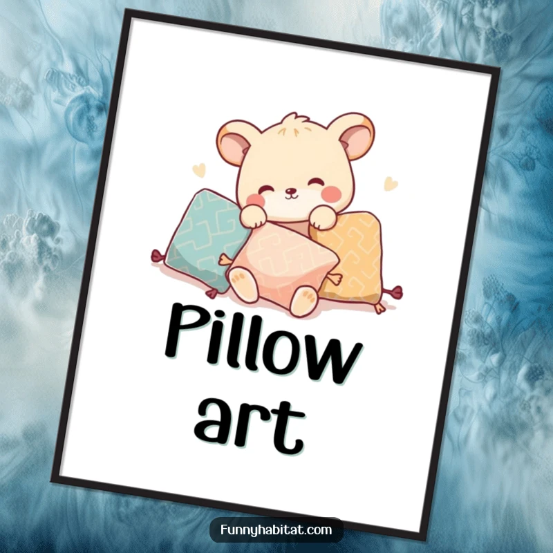 Funny poster art of an animal character playfully rearranging decorative pillows, bringing style and humor.