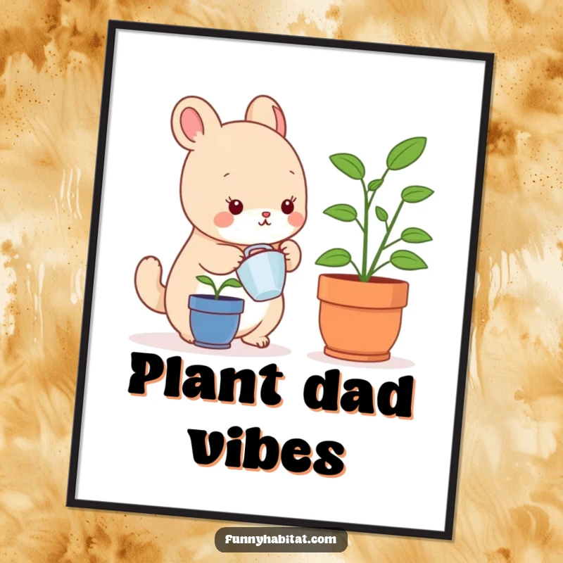 Funny poster art of a small, happy animal character watering an indoor plant, bringing humor and nature indoors.