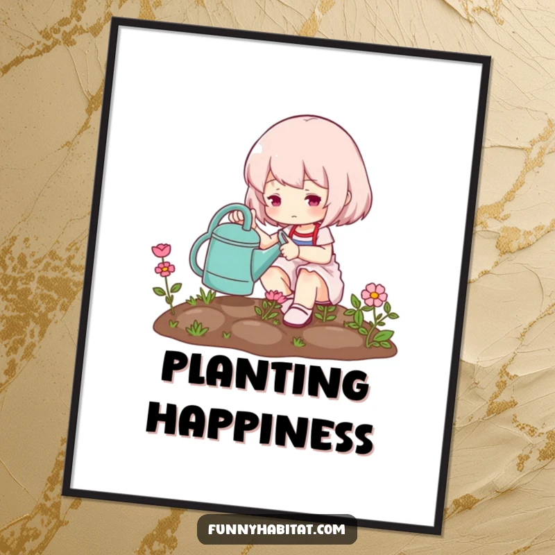 Funny poster featuring a cute character watering a miniature garden, a peaceful and charming piece of horticultural art.