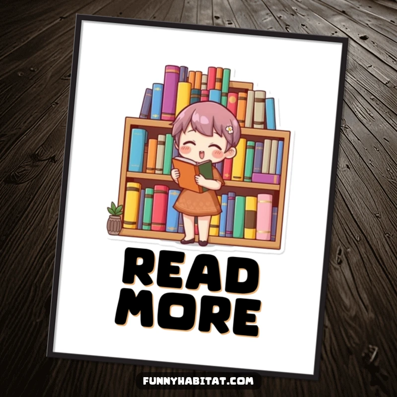 Funny book lover poster showcasing a character organizing a colorful bookshelf, perfect for literary-themed wall decor.