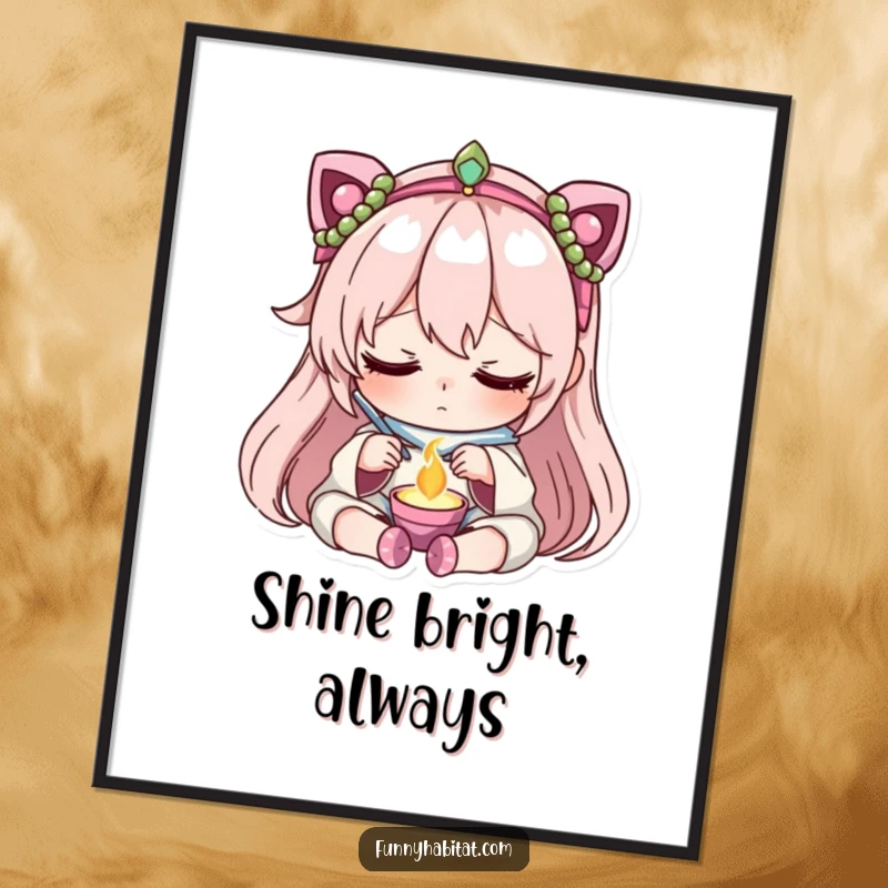 Funny poster art of a character with focused, peaceful concentration meticulously crafting exquisite jewelry, adding artistic calm.