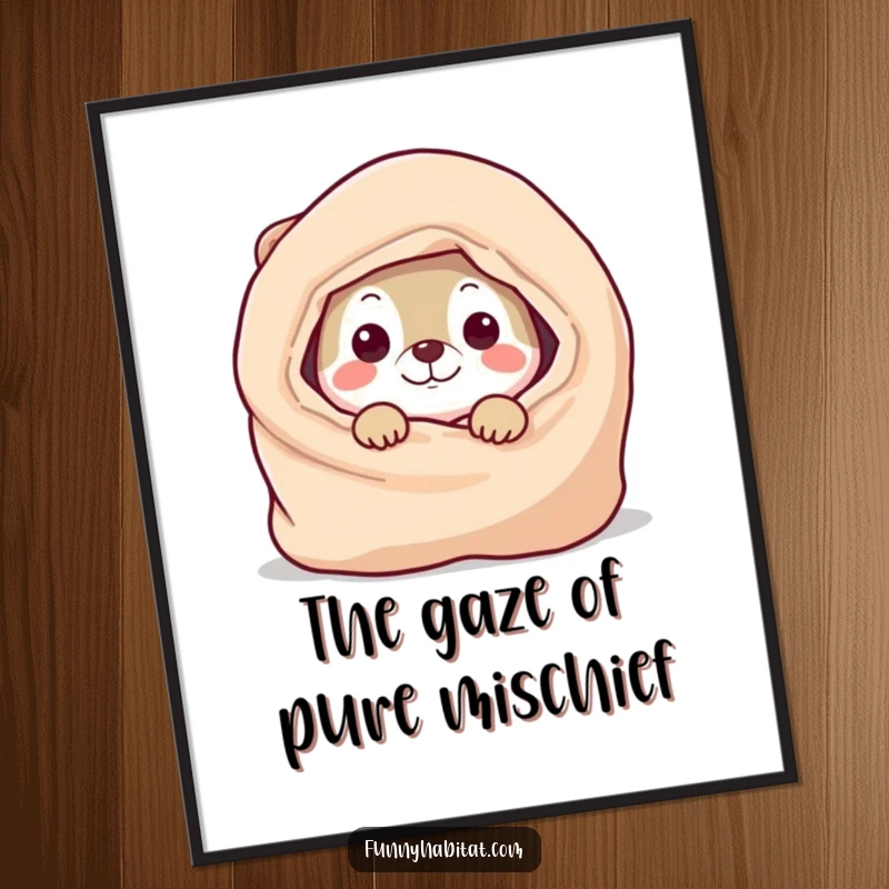 Funny Poster featuring a playful animal character curiously peeking out from behind a soft, cozy blanket, evoking a sense of fun.