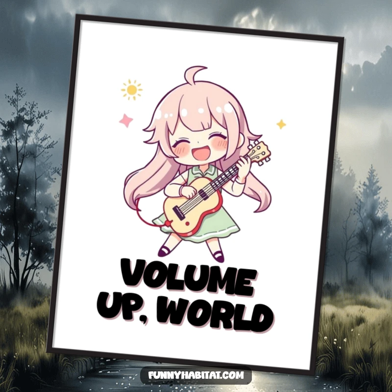 Funny poster featuring a character joyfully playing a musical instrument with intense enthusiasm and a beaming smile on their face.