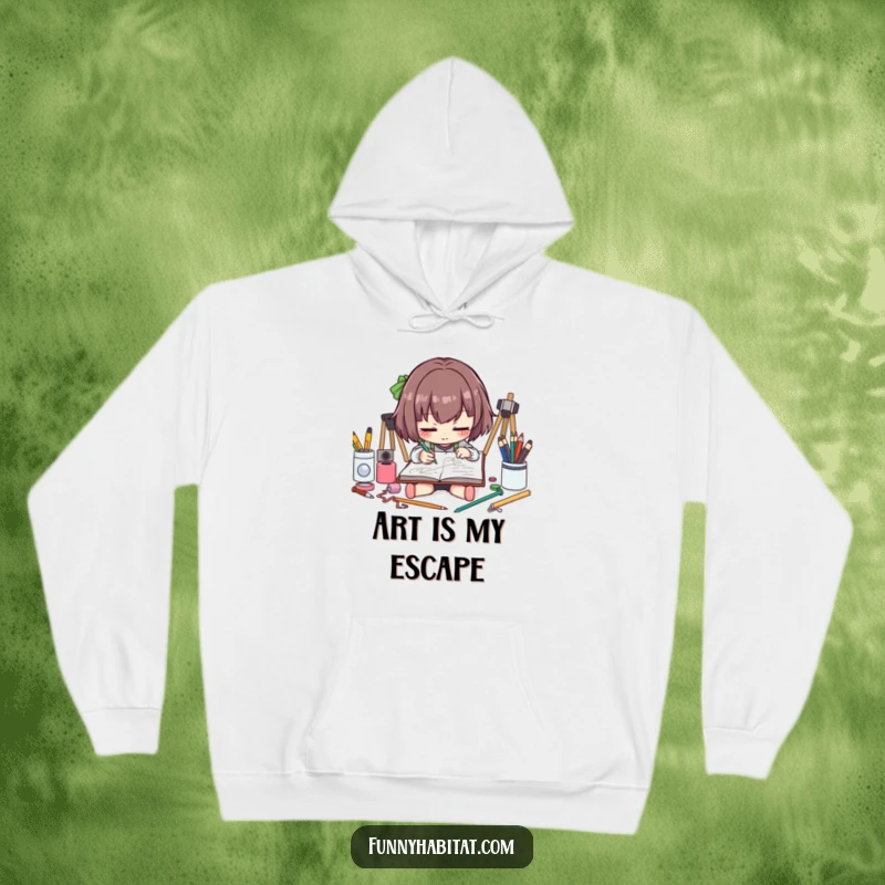 Funny artist hoodie showing a character intently sketching, with art supplies scattered around, perfect for cozy creative sessions.