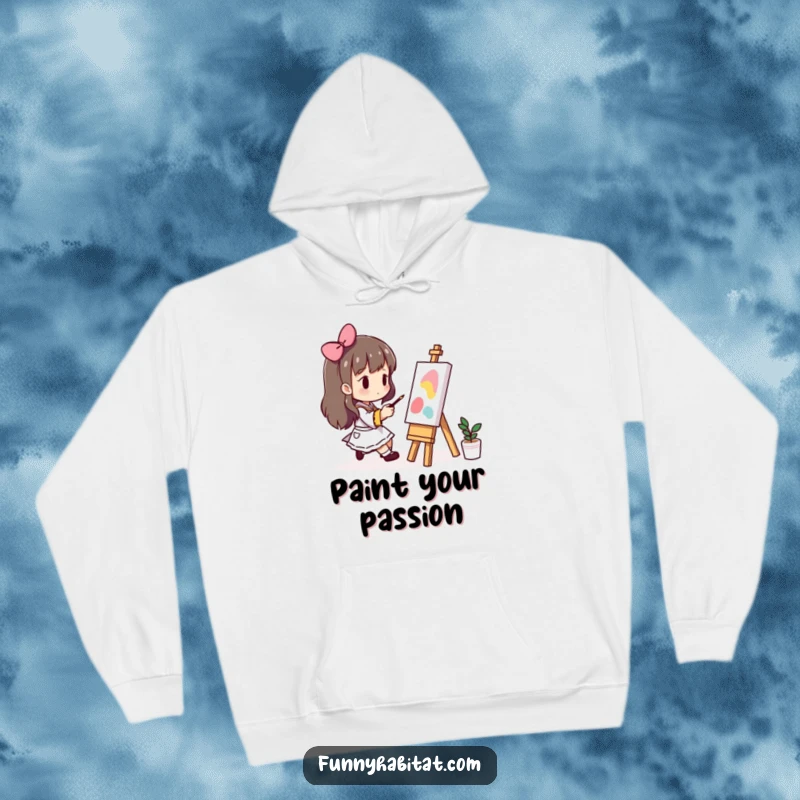 Funny hoodie with a character engrossed in painting on a small easel, offering warmth and inspiring artistic vibes.