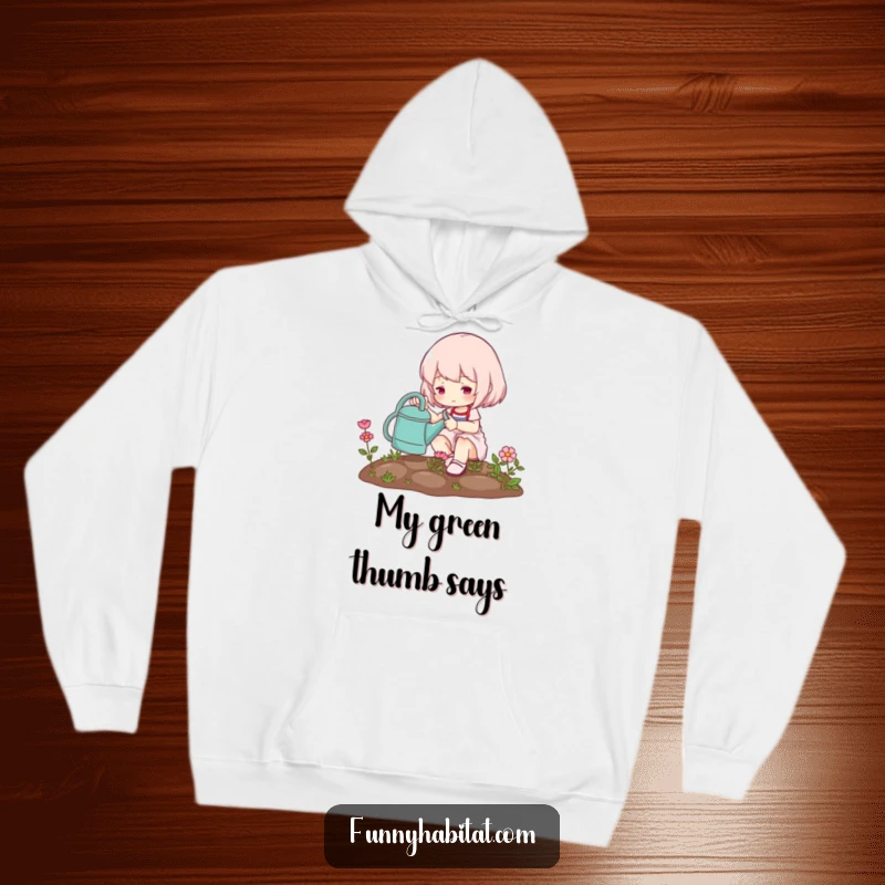 Funny hoodie with a cute character tending a miniature garden, offering warmth and adorable, plant-themed cuteness.