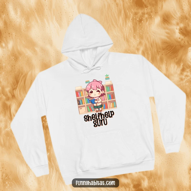 Funny hoodie depicting a happy character meticulously arranging a row of tiny bookshelves, emphasizing a sense of accomplishment.