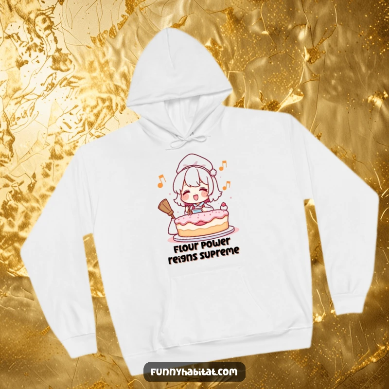 Funny hoodie with a happy character humming and baking a cake, designed for cozy comfort and a touch of baking humor.