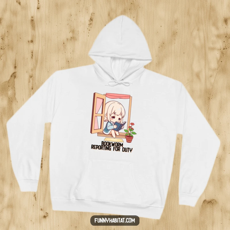 Funny character reading a book by a window on a cozy hoodie, representing comfort, solitude, and a passion for literature with humor.