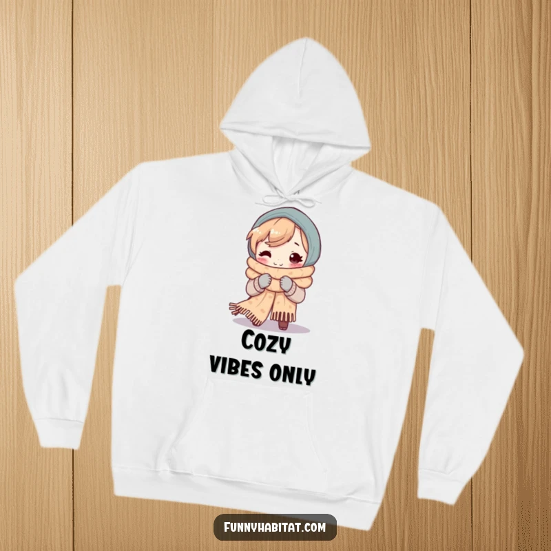 Funny hoodie featuring a character smiling while knitting a large, cozy scarf, perfect for staying warm and stylish.