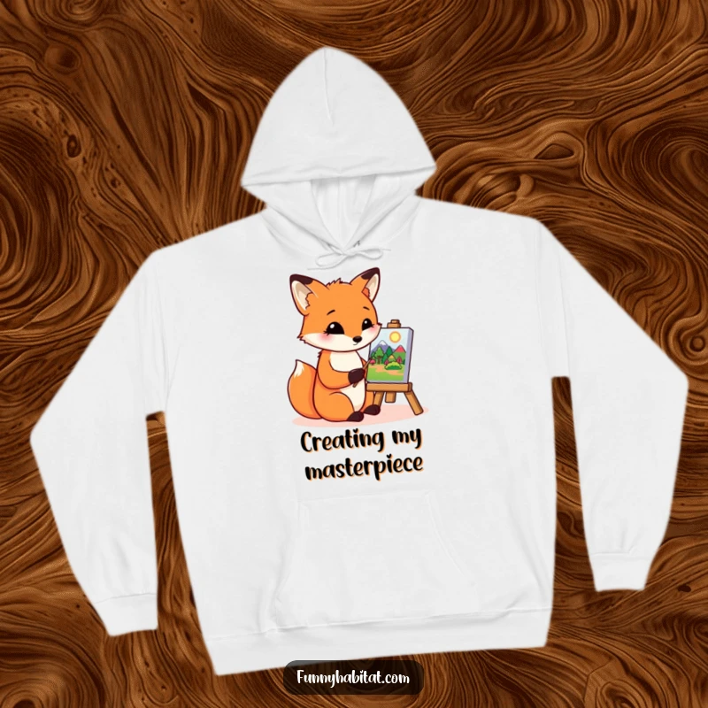 Funny fox character diligently painting a landscape on a miniature canvas, a warm and humorous hoodie for art enthusiasts.