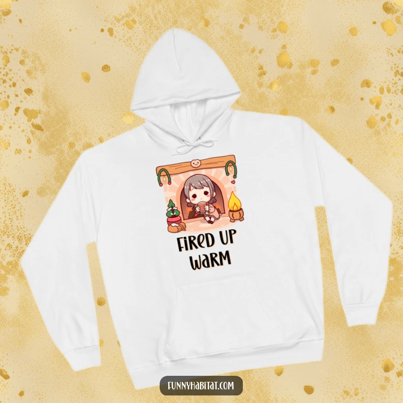 Funny Hoodie: Snug character enjoying a warm drink by a glowing illustrated fireplace, epitome of cozy.