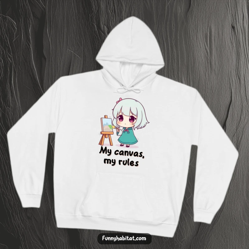 Funny hoodie featuring a character painting on a canvas, brush in hand, offering cozy creative humor.