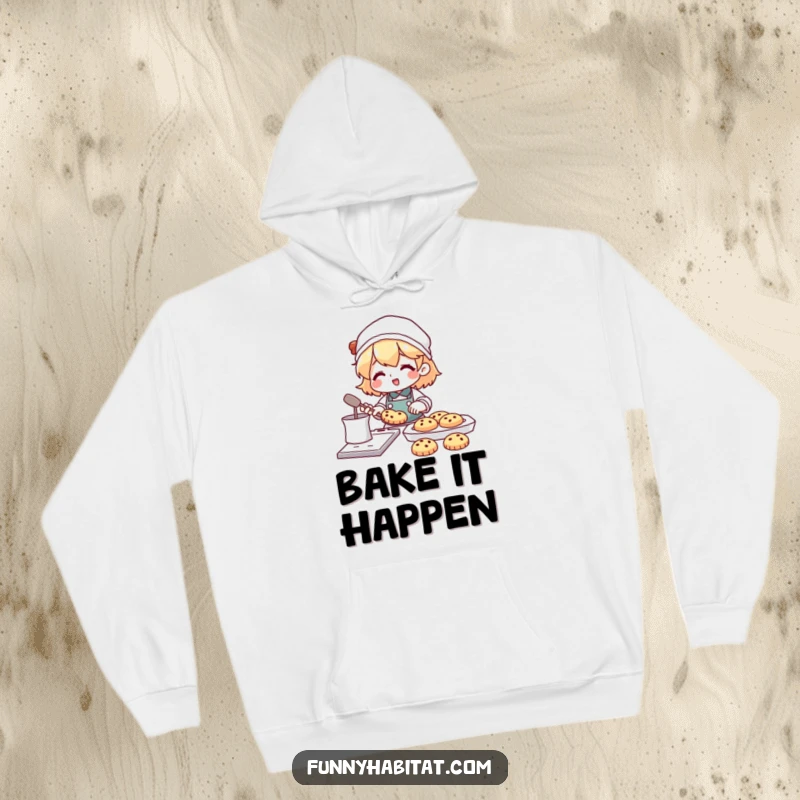 Funny hoodie featuring a character happily baking cookies, with a delicious tray of treats within reach.