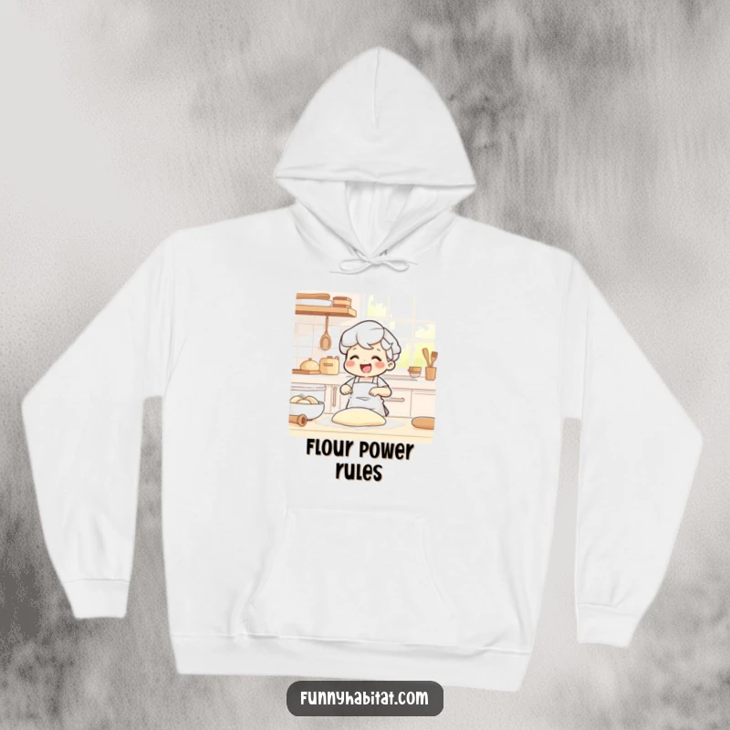 Funny hoodie depicting a joyful character happily kneading dough in a sunlit kitchen, dusted with flour.