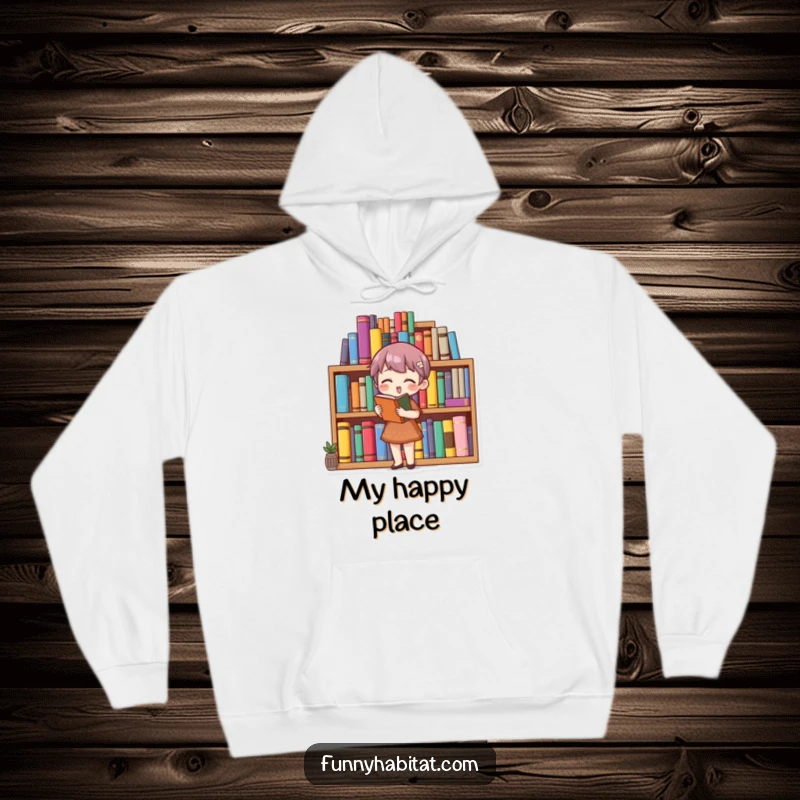 Funny book lover hoodie featuring a character organizing a vibrant bookshelf, ideal for cozy reading sessions.