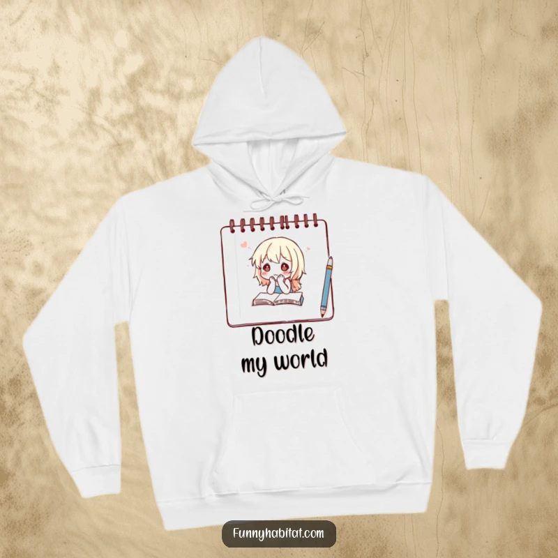 Funny hoodie with a character displaying a thoughtful expression while sketching in a notebook, perfect for creative sessions.
