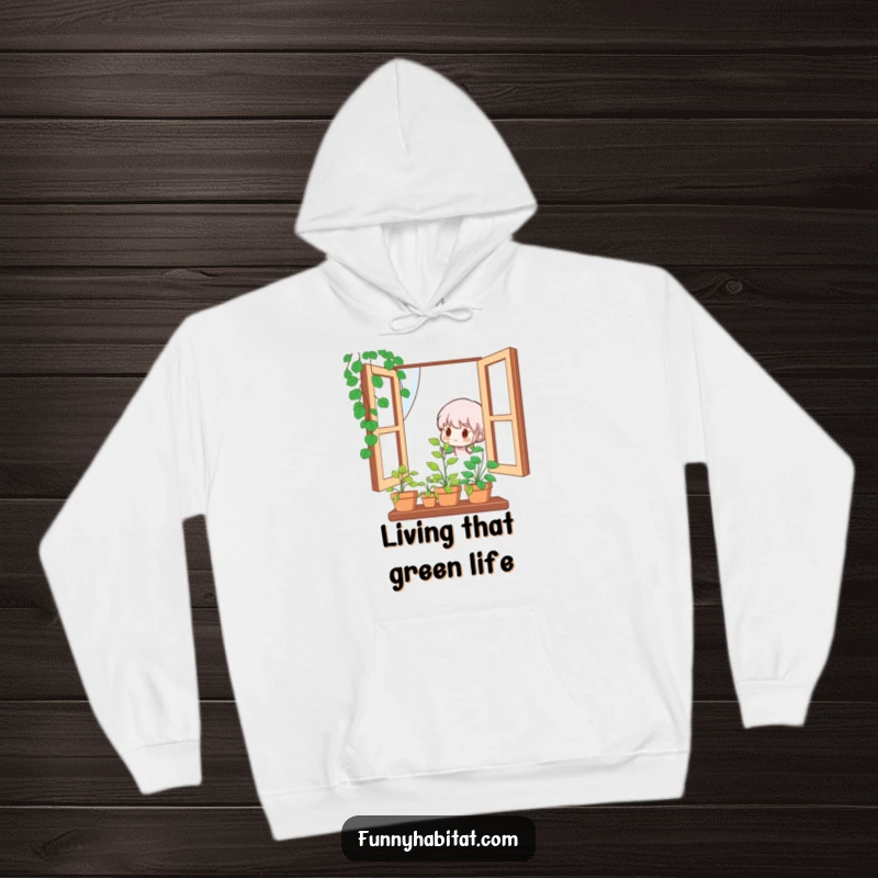 Funny hoodie depicting a cute character lovingly tending a small, vibrant potted plant by the window, a cozy scene.
