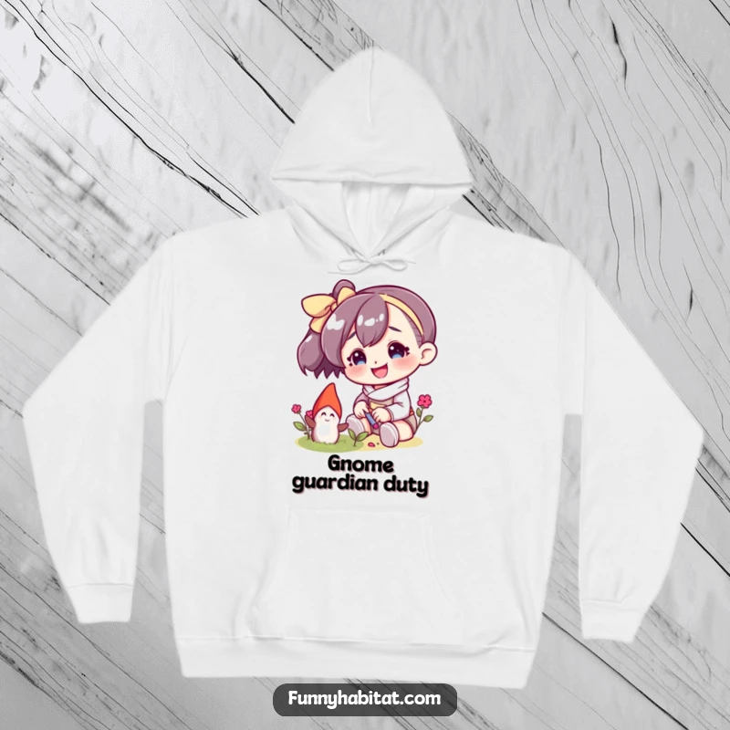 Funny hoodie featuring a smiling character gently interacting with a small garden gnome, offering cozy comfort and whimsical charm.