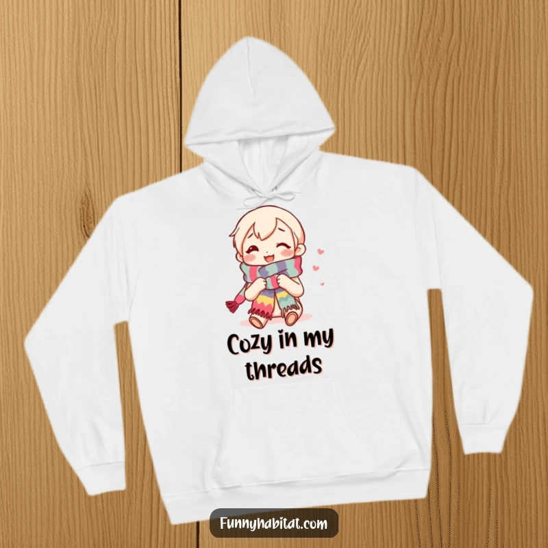 Funny hoodie featuring a content knitter character smiling while creating a long, colorful scarf, perfect for cozy crafting sessions.