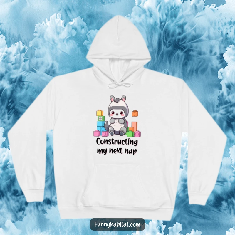 Funny Hoodie showcasing a cute animal character diligently organizing colorful building blocks, a symbol of playful order.