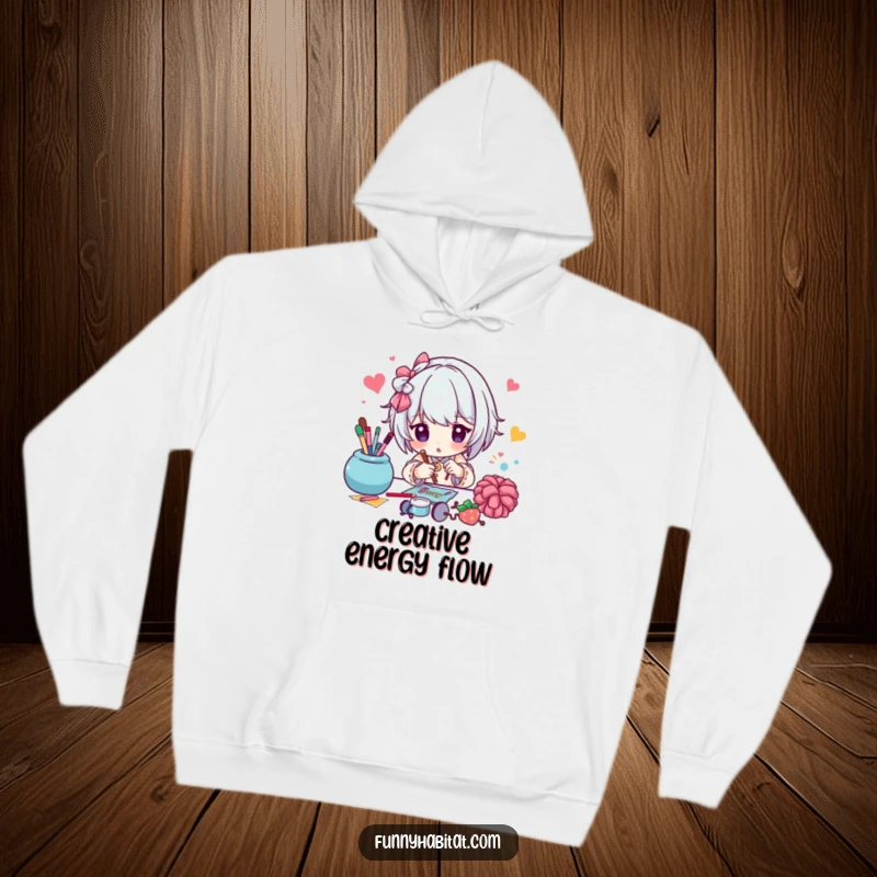 Funny hoodie showing a character diligently working on a vibrant craft project, embodying the focus of a dedicated crafter.